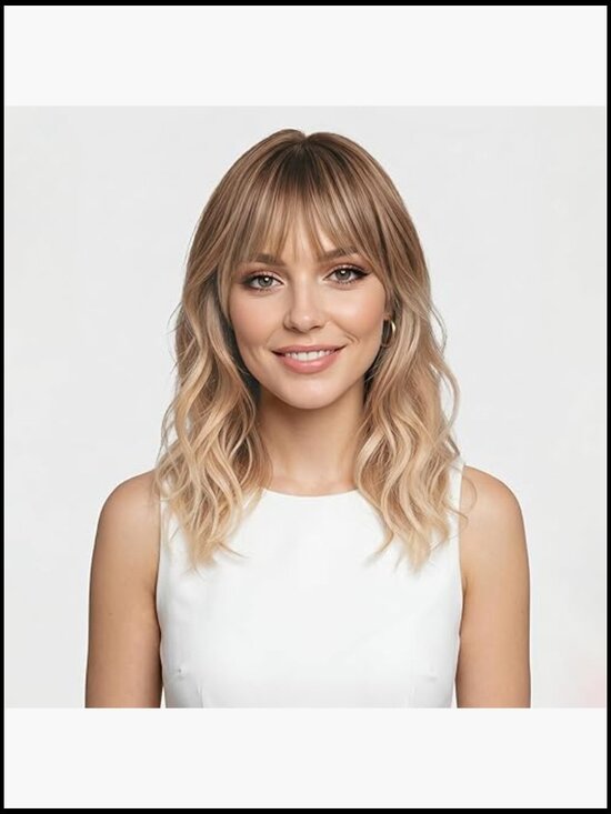 Wavy Long Ombre Blonde Wig with Bangs Medium Length Heat Resistant Synthetic main image 4